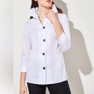 Ming Wang White Cotton Ruffle Collar Button Down Shirt